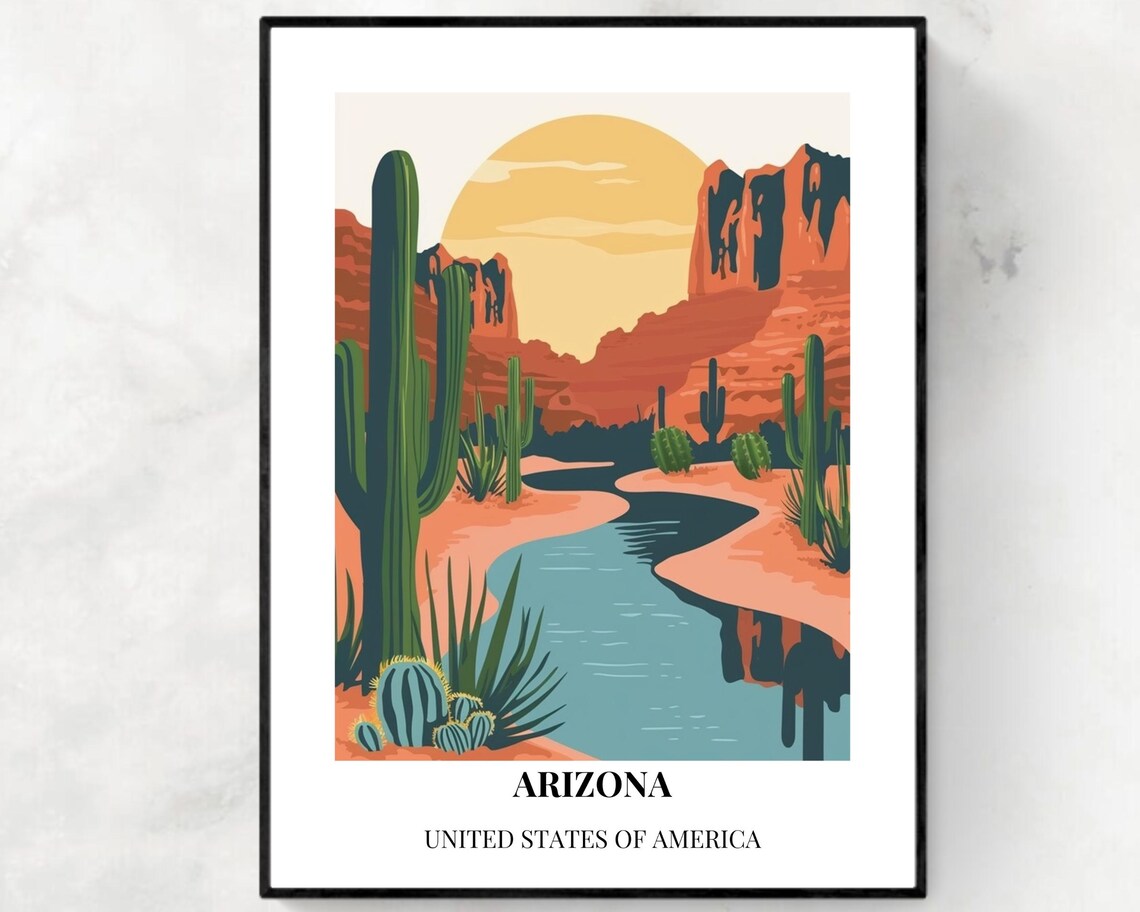 Arizona Desert Cacti River Canyon Sunset Scenic Travel Art Poster