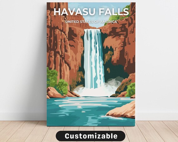 Havasu Falls USA Vintage Travel Poster Desert Waterfall Canyon Style Decor