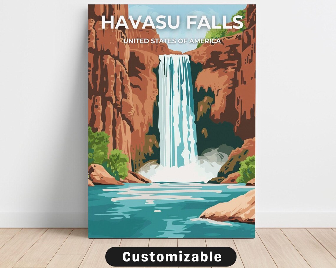 Havasu Falls USA Vintage Travel Poster Desert Waterfall Canyon Style Decor