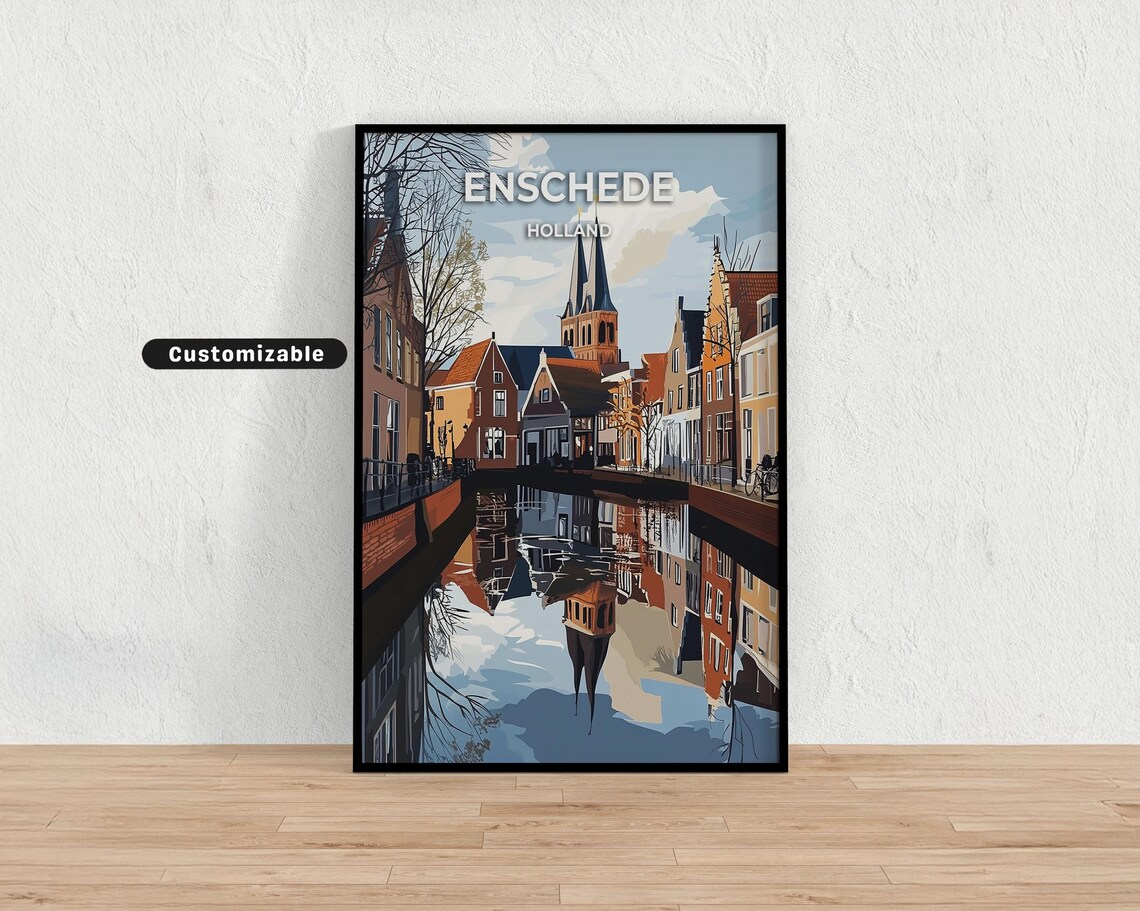 Enschede Holland Canal Reflection with Historic Church Travel Poster