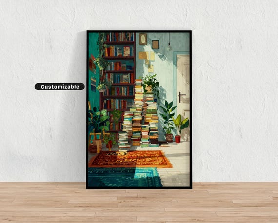 Indoor Scene With Plants Books Rugs Cozy Botanical Wall Art Eclectic Home Decor