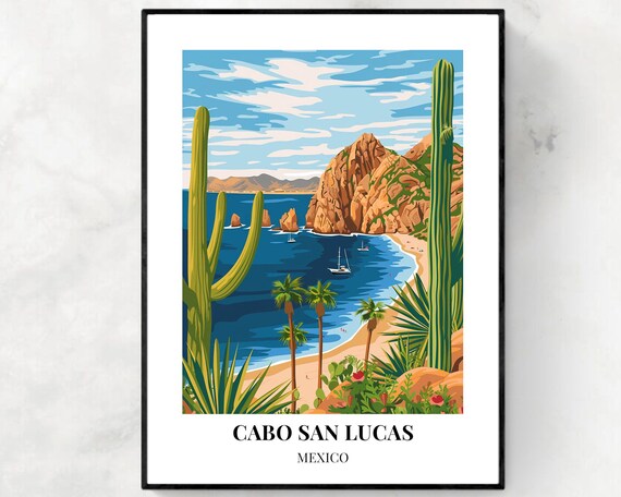 Cabo San Lucas Mexico Cactus Palms Bay Sailboat Scene Poster