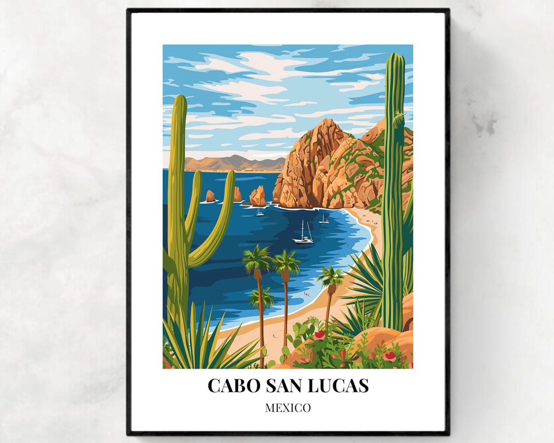 Cabo San Lucas Mexico Cactus Palms Bay Sailboat Scene Poster