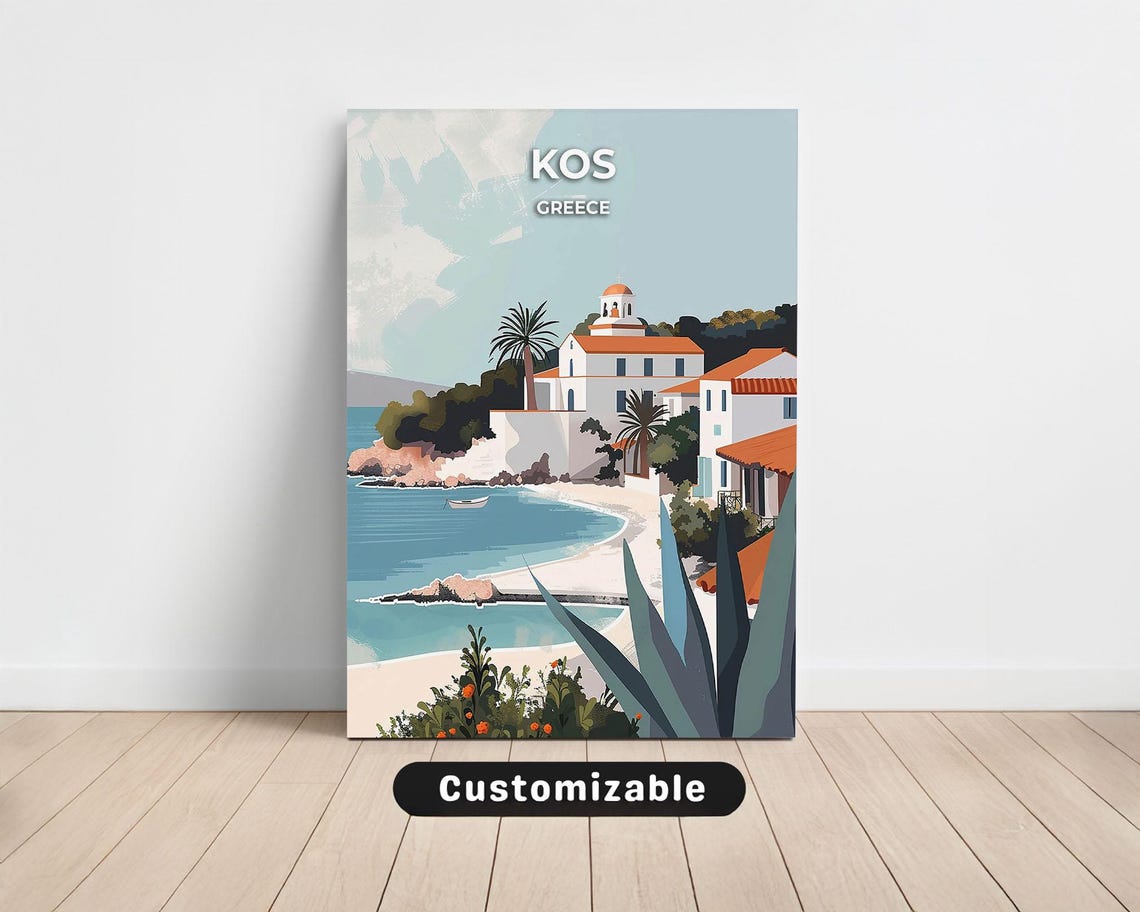 Kos Greece Whitewashed Coastal Town Vintage Travel Poster Customizable