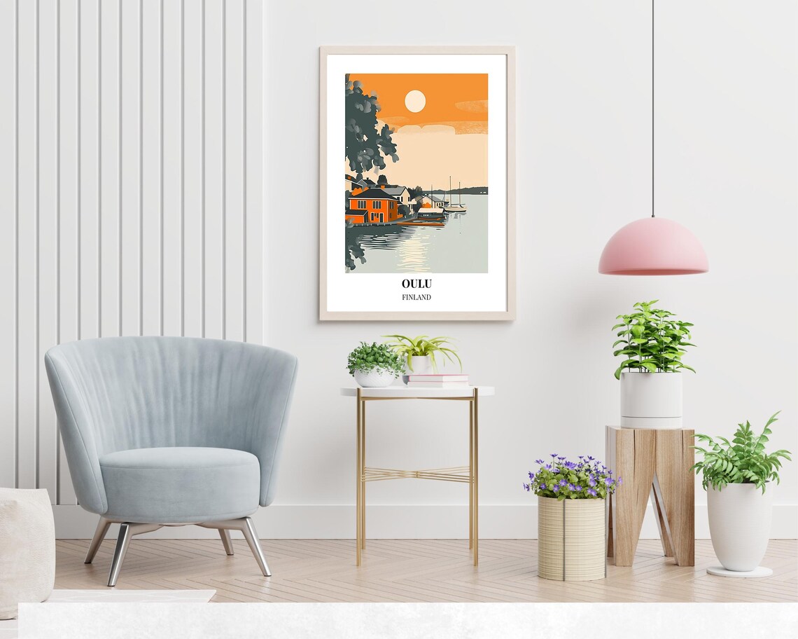 Oulu Finland Quiet Waterfront Houses Orange Sunset Reflection Poster - Image 2