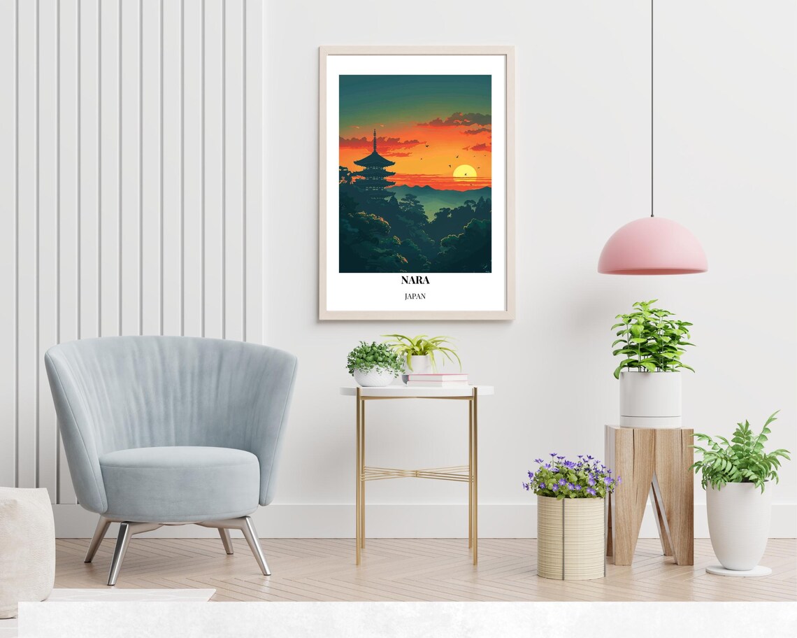Nara Japan Pagoda Silhouette Blazing Sunset Hills Travel Poster - Image 2