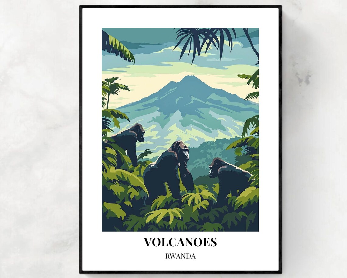 Volcanoes Rwanda Mountain Gorilla Family Jungle Peak Wildlife Poster