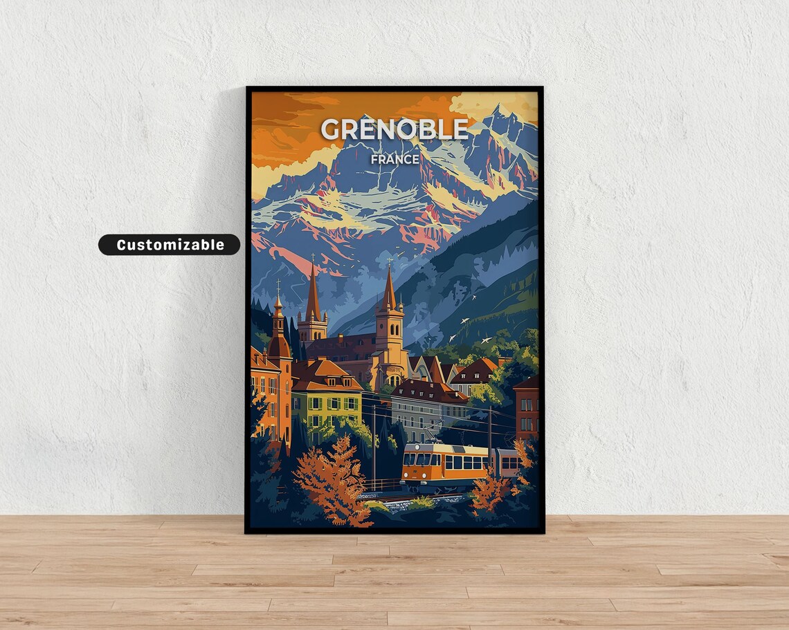 Grenoble France Alpine City Tram Sunset Vintage Travel Poster