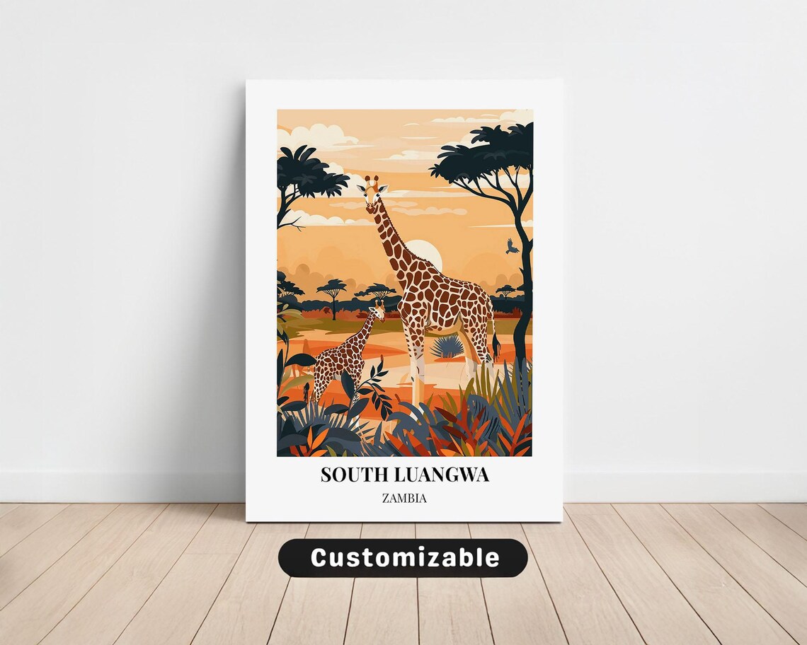 South Luangwa Zambia Giraffes Safari Sunset Savanna Travel Poster