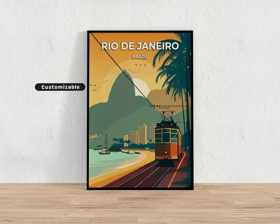 Rio de Janeiro Brazil Vintage Tram Sunset Sugarloaf View Poster