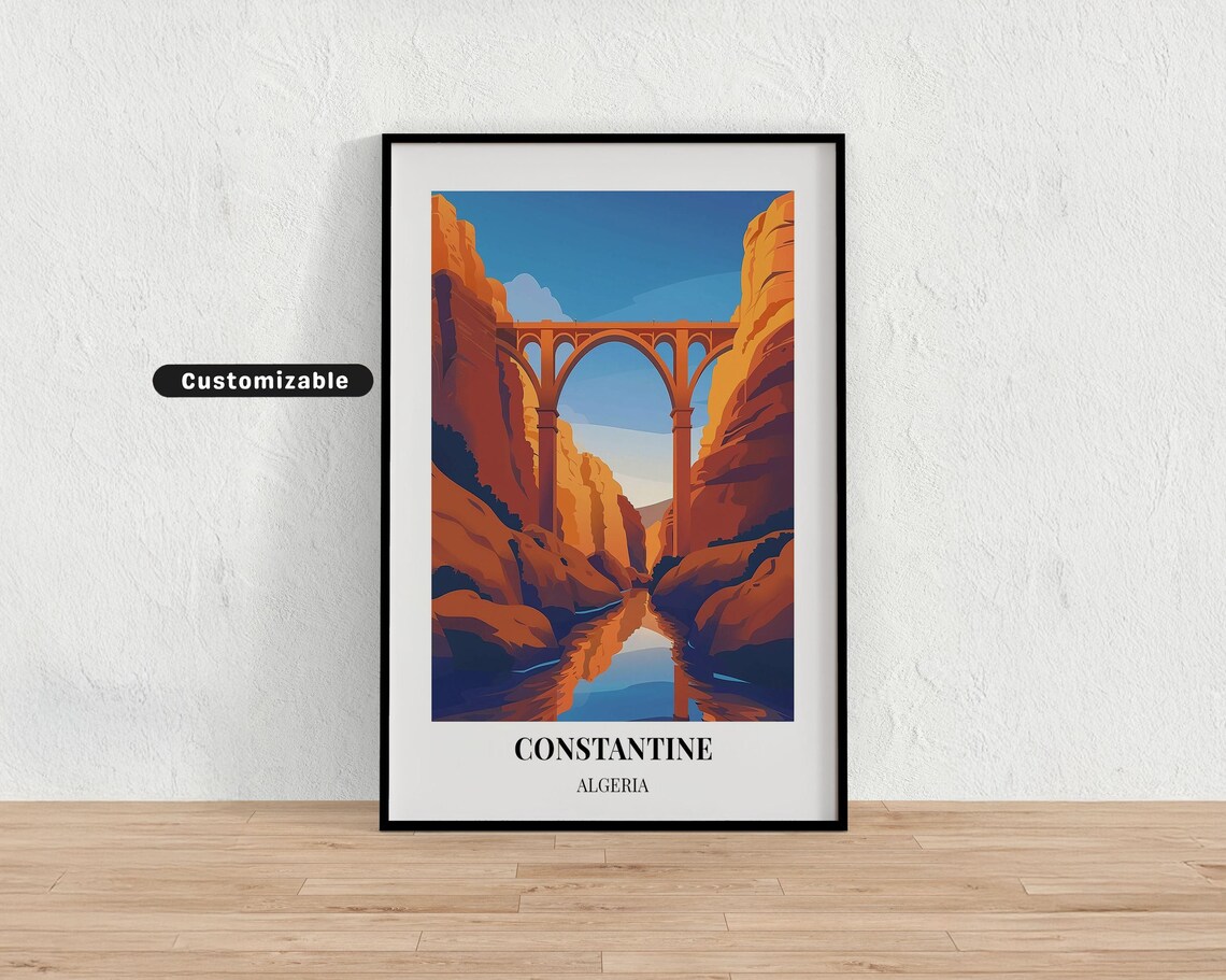 Constantine Algeria Gorge Bridge Canyon Sunset Vintage Travel Poster