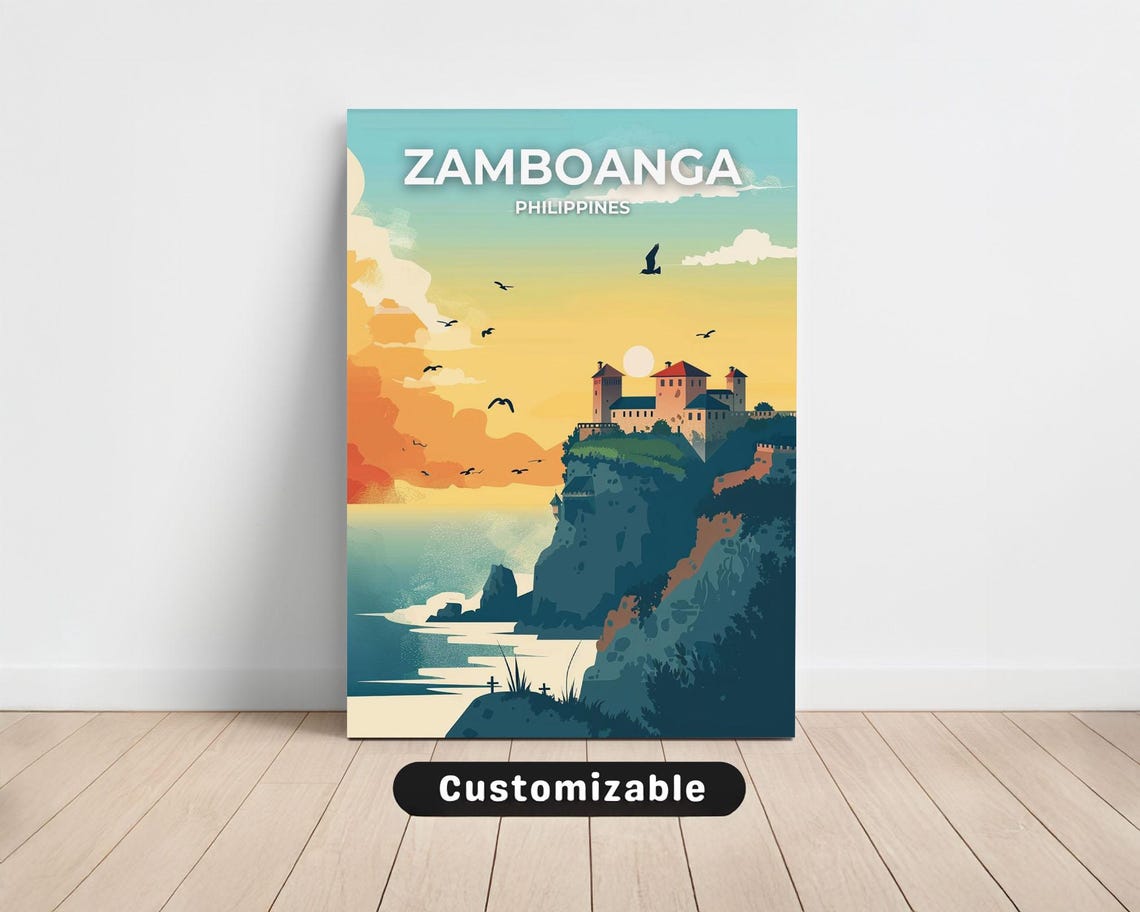Zamboanga Philippines Travel Poster Cliff Fort Sunset Seabirds Art