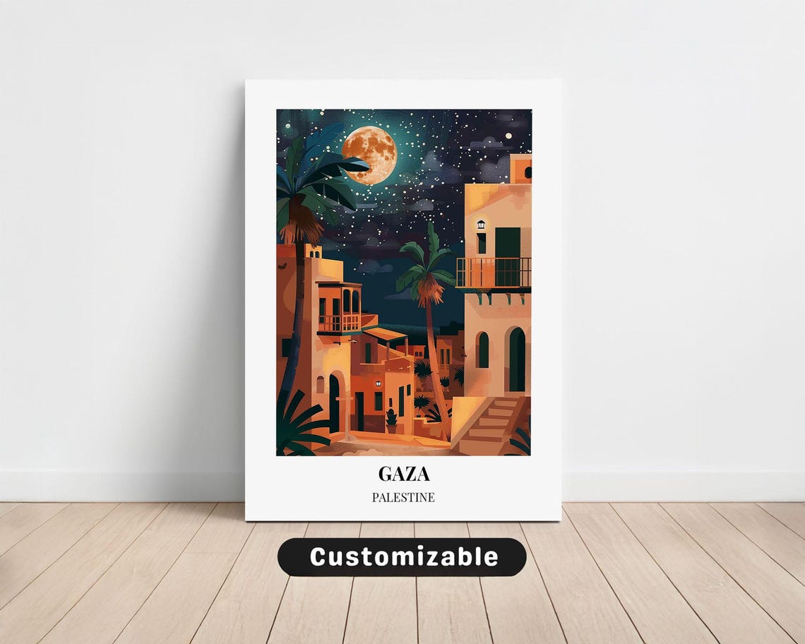 Gaza Palestine Moonlit Street Old Town Night Scene Travel Poster