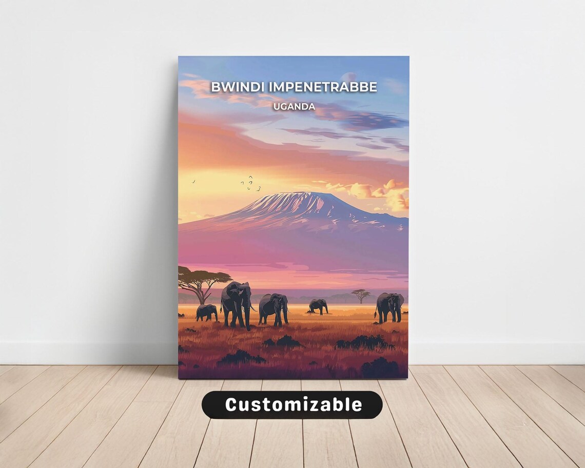 Bwindi Uganda Sunset Elephant Herd Mountain Savanna Travel Poster
