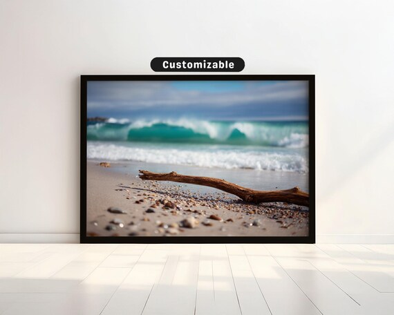 Driftwood On Sandy Beach With Turquoise Rolling Waves Coastal Photo Poster