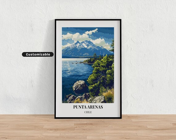 Punta Arenas Chile Snowy Peak Lake Shore Nature Travel Poster