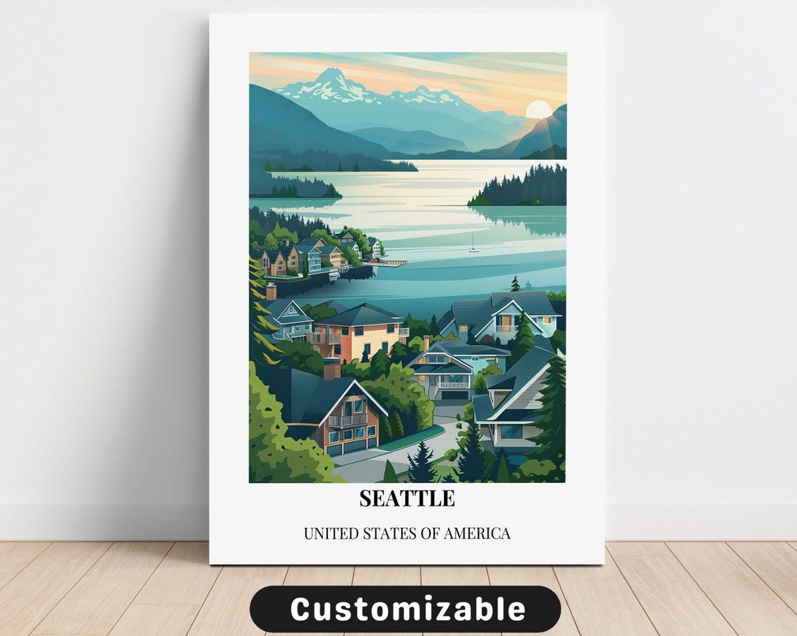 Seattle Lake Mountains Homes Sunset Vintage Travel Art Poster