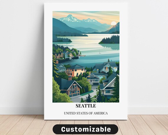 Seattle Lake Mountains Homes Sunset Vintage Travel Art Poster