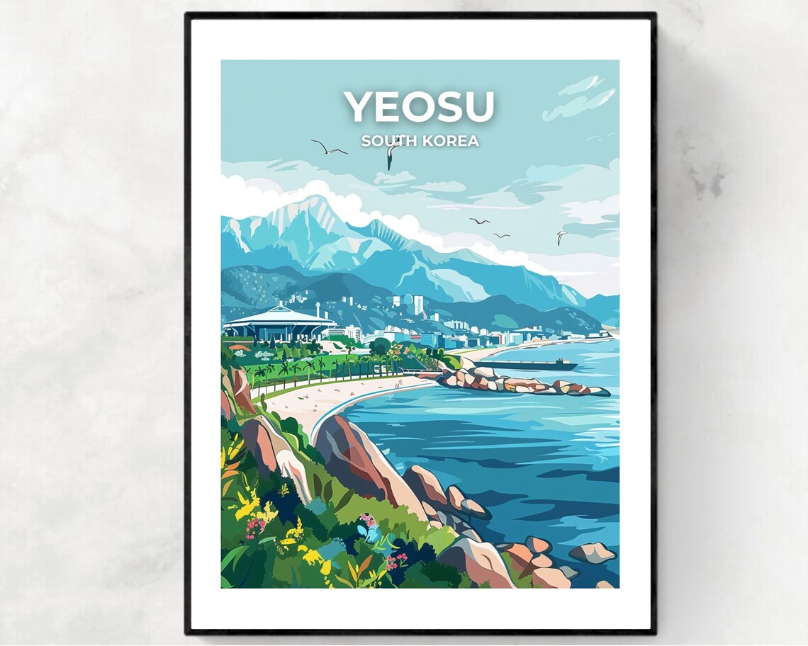 Yeosu South Korea Coastal Beach Mountainside Expo View Travel Poster