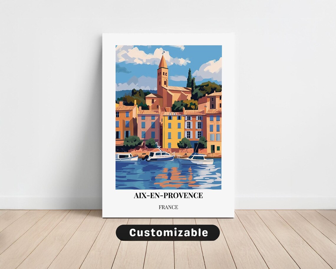Aix en Provence France Harbor Boats Sunny Waterfront Travel Poster