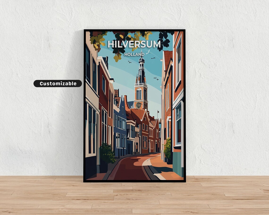 Hilversum Holland Church Tower Street Scene Row Houses Travel Poster