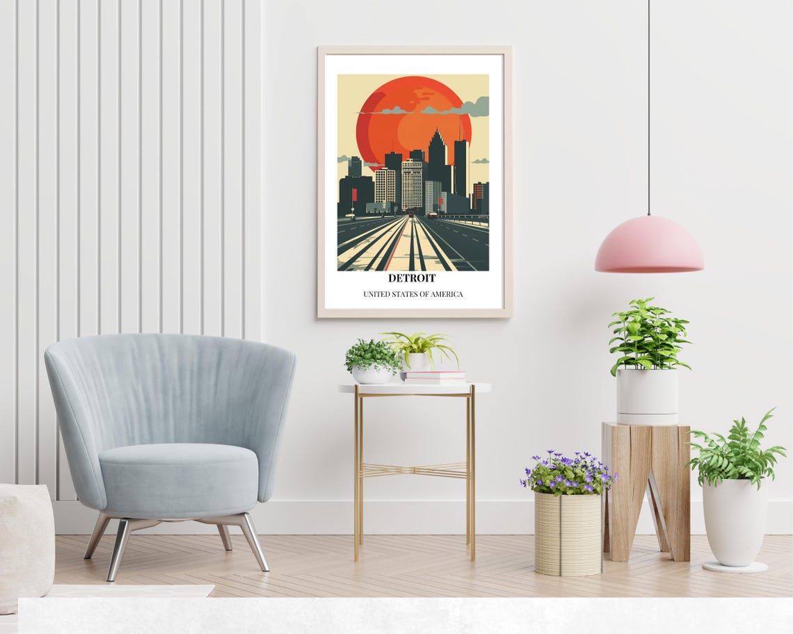 Detroit Red Sun Downtown Skyline Poster Bottom Caption Edition - Image 2