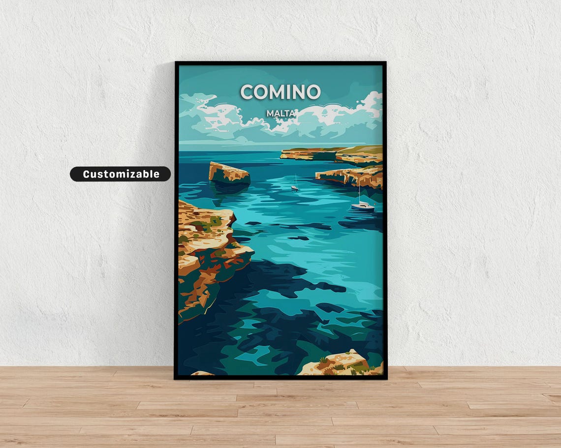 Comino Malta Island Travel Poster Turquoise Coastline Cliffs Art