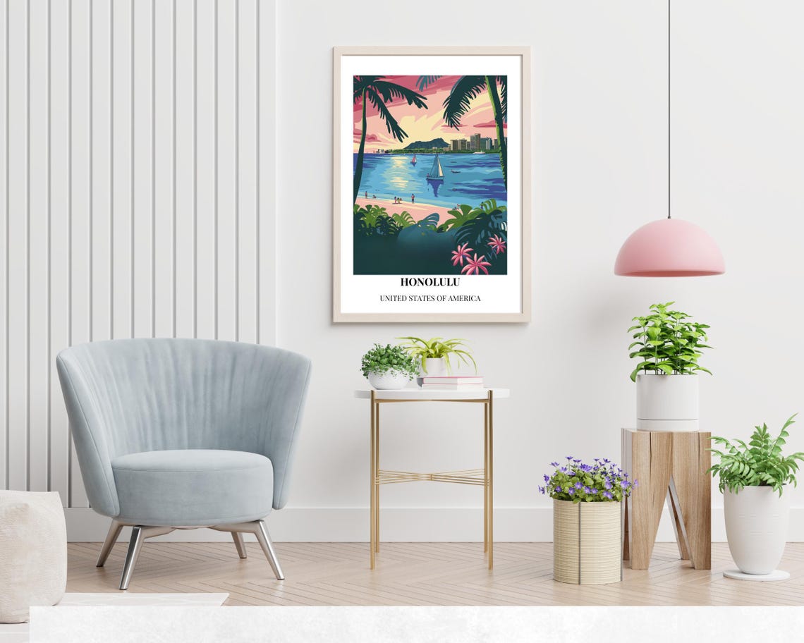 Honolulu Waikiki Beach Sailboats Sunset Hawaii Travel Poster - Image 2