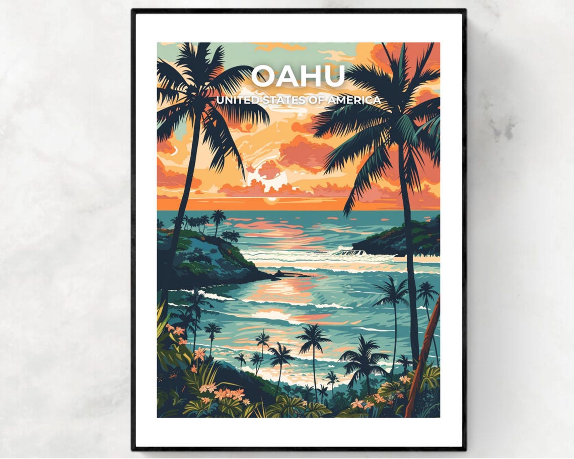 Oahu Sunset Palms Full Bleed Top Text Tropical Travel Poster