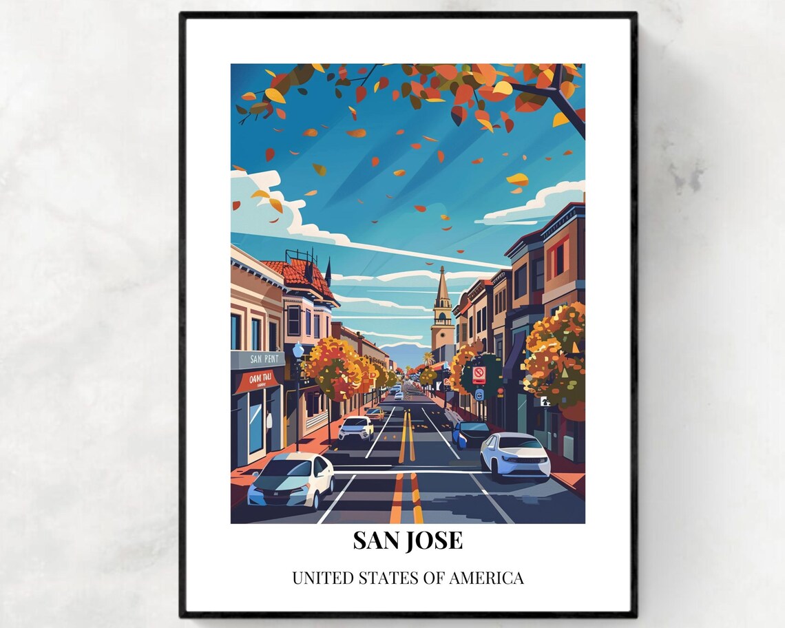 San Jose Autumn Downtown Street Steeple Bottom Title Travel Poster