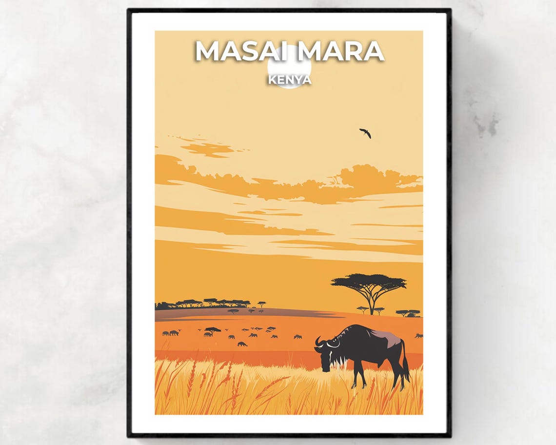 Masai Mara Kenya Wildebeest Golden Sunset Savanna Travel Poster