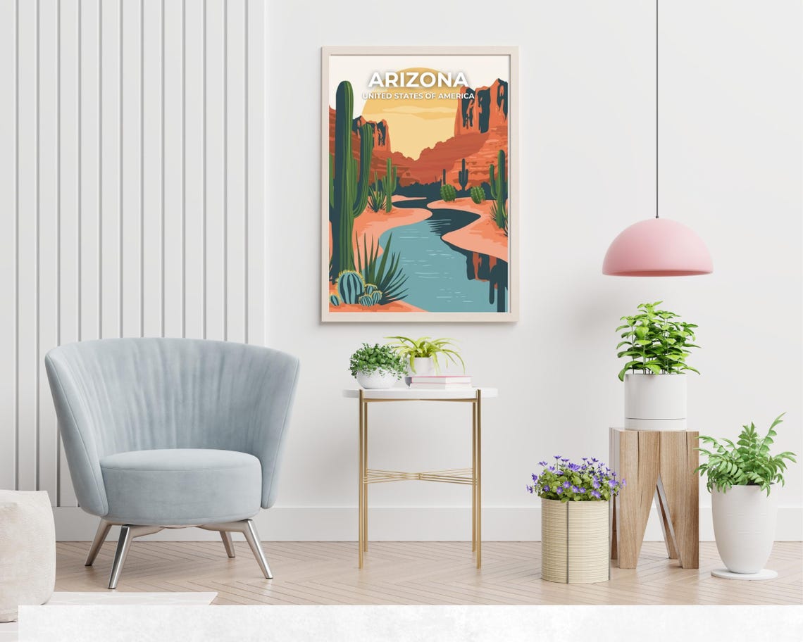 Arizona Desert Cacti River Red Rocks Travel Poster Sky Title - Image 2