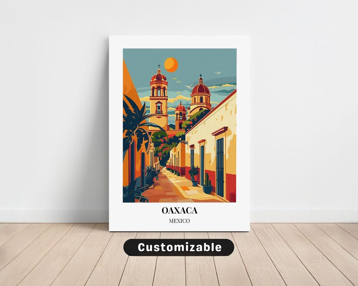 Oaxaca Mexico Colonial Cathedral Street Colorful Travel Poster