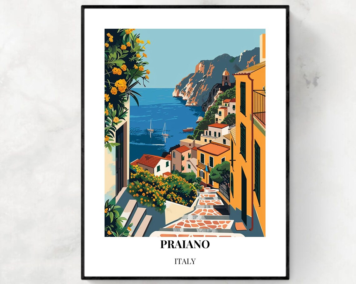 Praiano Italy Amalfi Coast Steps Village Travel Poster Artwork
