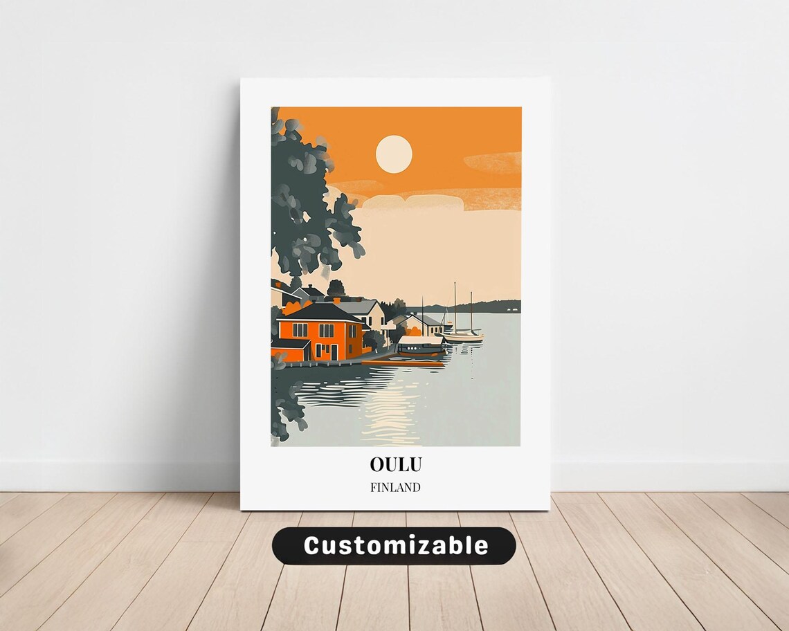 Oulu Finland Travel Poster Lakeside Boathouses Orange Sunset