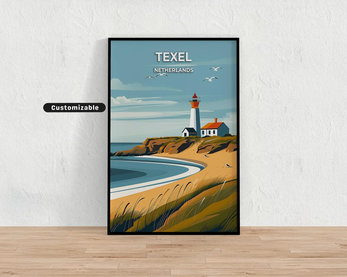 Texel Netherlands Lighthouse Coastal Dunes Seaside Travel Poster