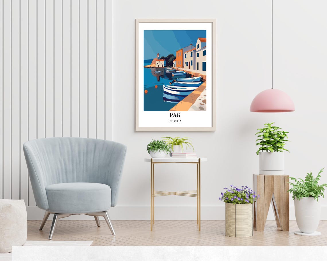Pag Croatia Tranquil Harbor with Blue Boats and Stone Chapel Poster - Image 2