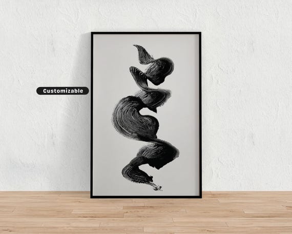 Minimal Wave Form In Black Sumi Ink Over White Background Japanese Wall Art Print Zen Asian Decor