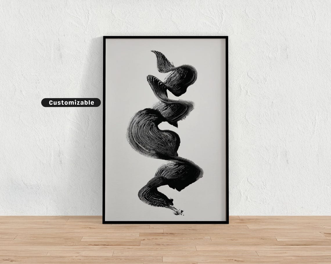 Minimal Wave Form In Black Sumi Ink Over White Background Japanese Wall Art Print Zen Asian Decor