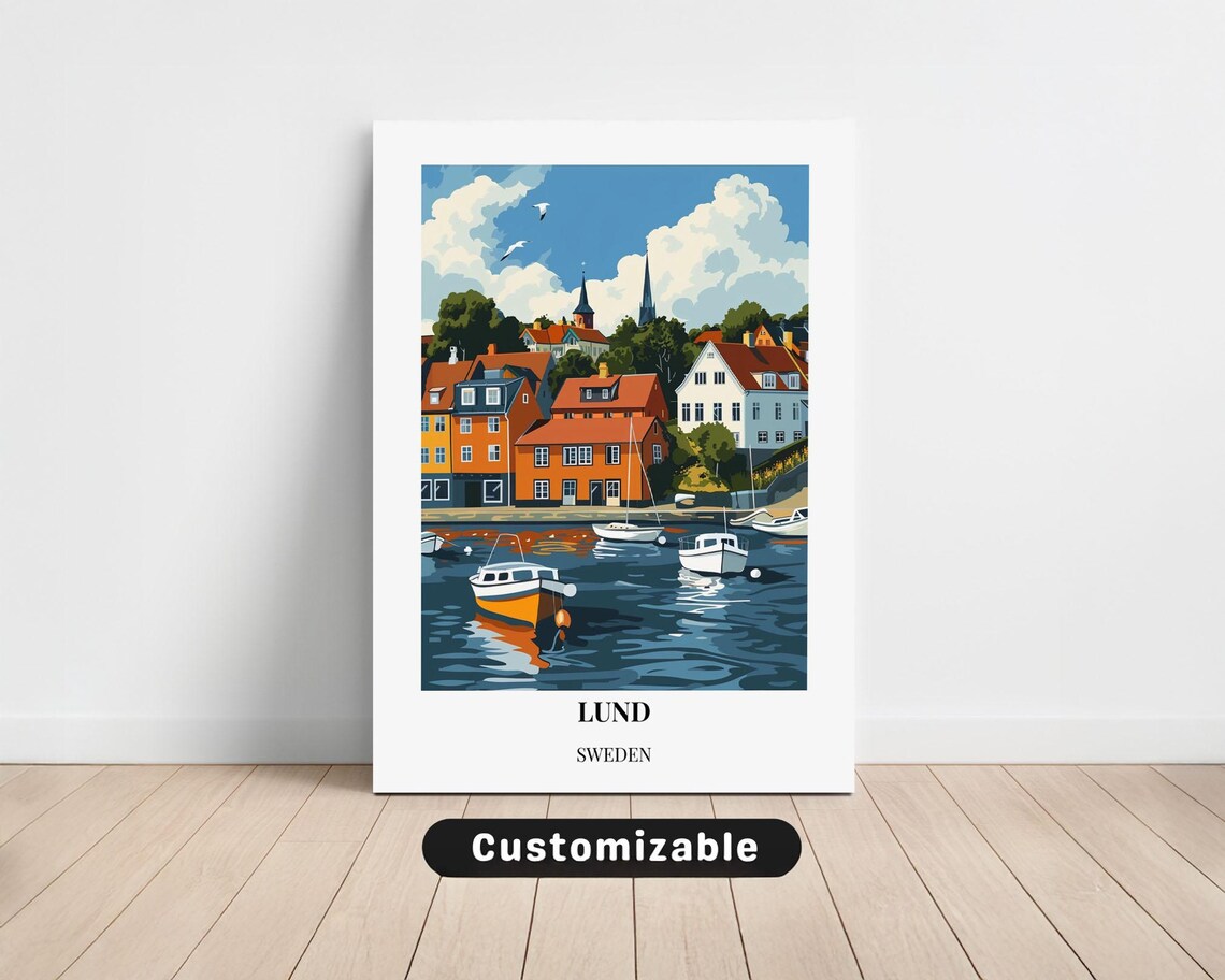 Lund Sweden Colorful Seaside Harbor Boats Houses Travel Poster