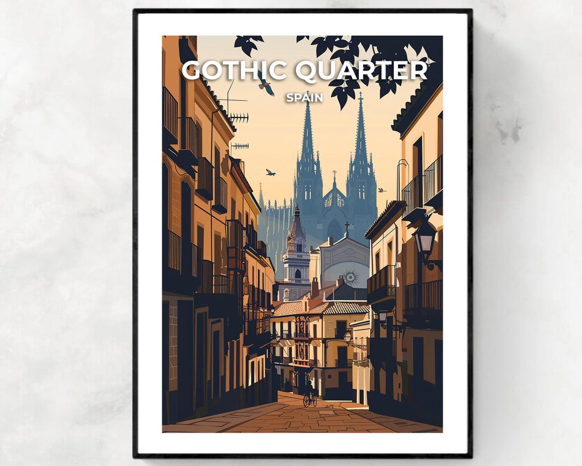 Gothic Quarter Barcelona Cathedral Sunset Street Evening Poster