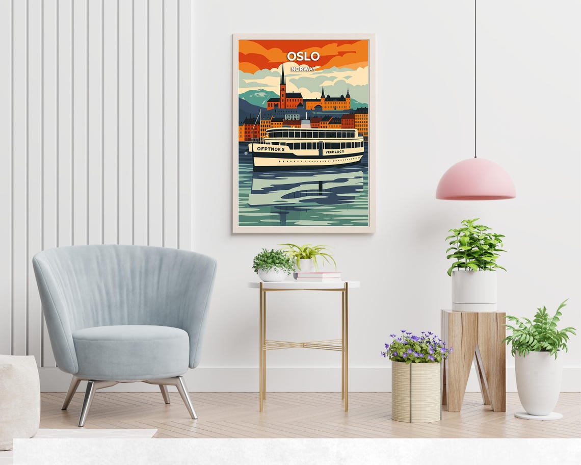 Oslo Norway Harbor Ferry Fiery Sunset Vintage Travel Art Poster - Image 2