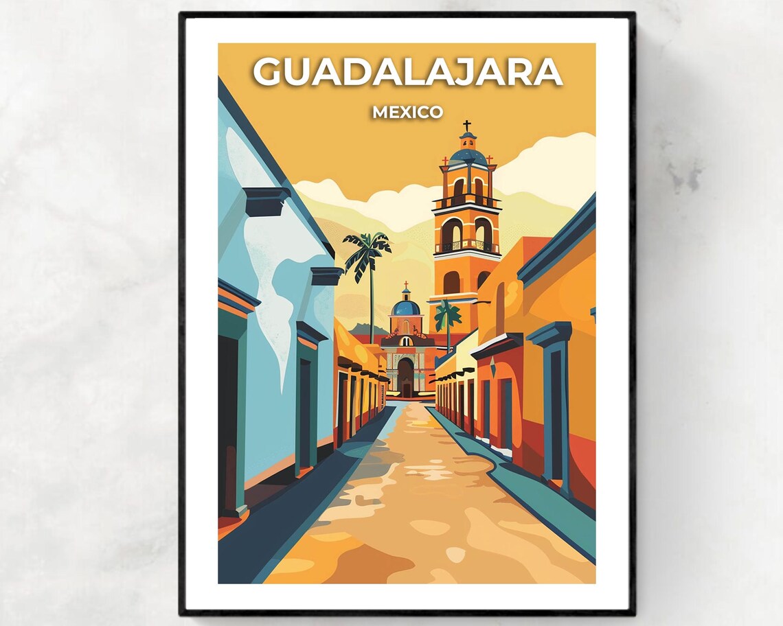 Guadalajara Mexico Colorful Colonial Street Church Tower Poster
