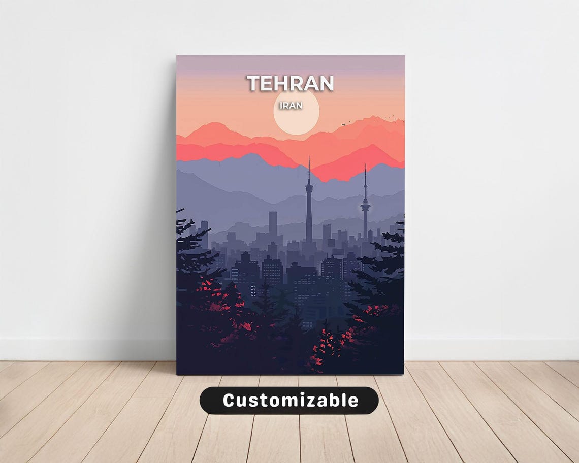 Tehran Iran Pink Sunset Skyline Tower Mountains Retro Poster