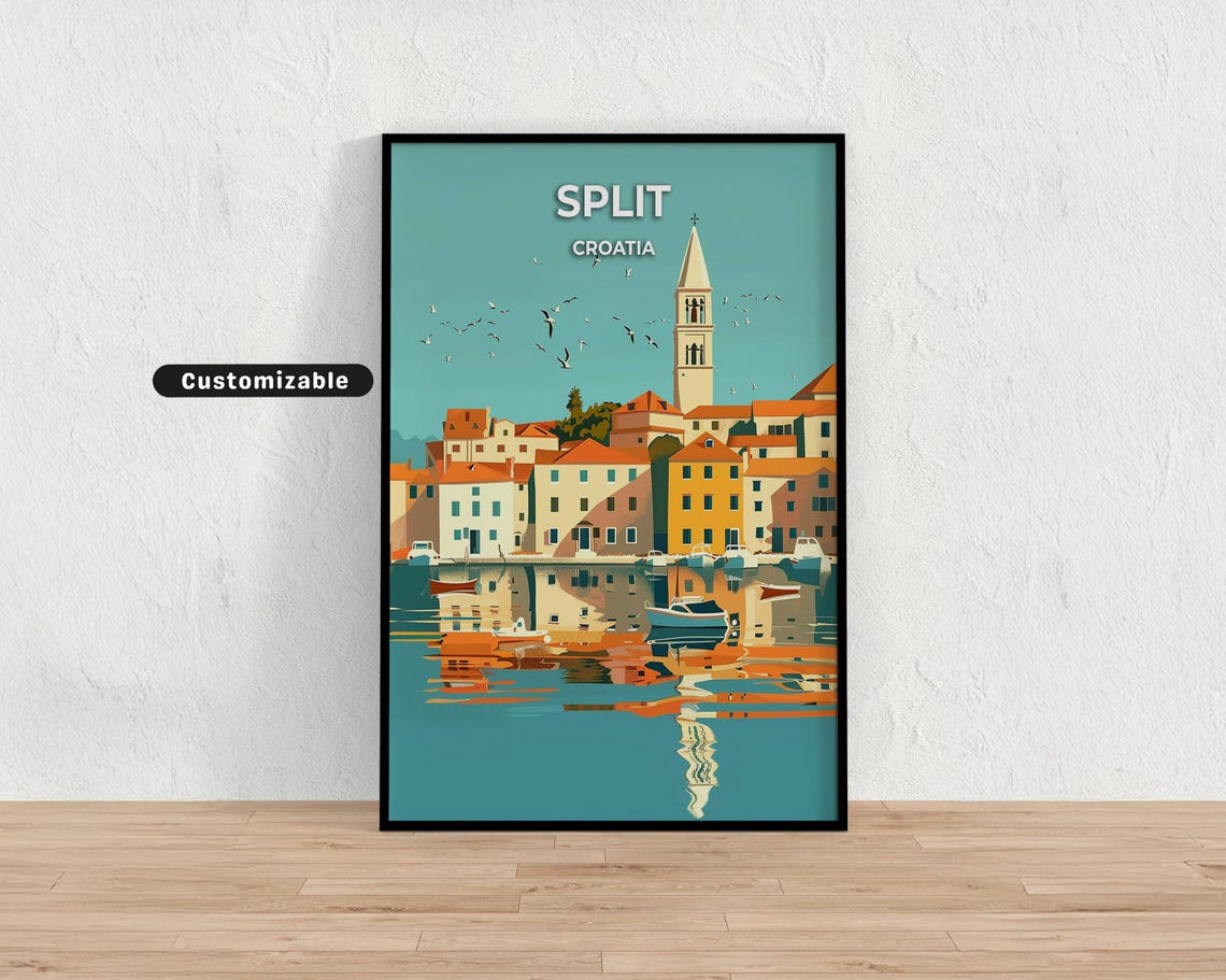 Split Croatia Old Town Harbor Golden Sunset Travel Style Poster