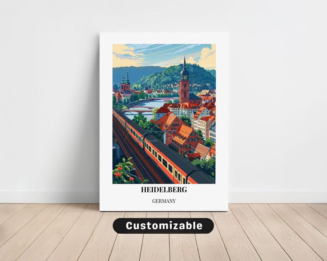 Heidelberg Germany Train Crossing Old Bridge River Travel Poster