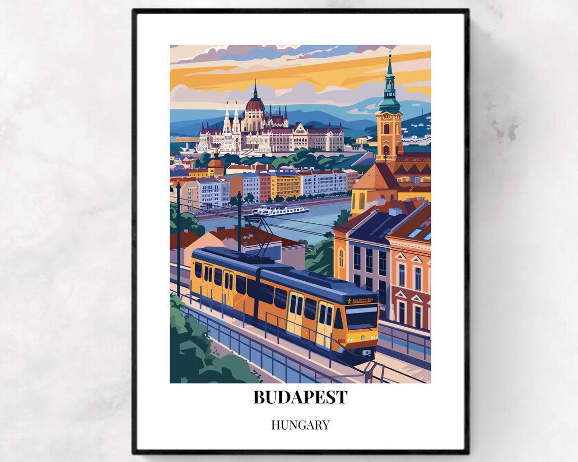 Budapest Hungary Parliament Danube Yellow Tram Sunset Travel Poster