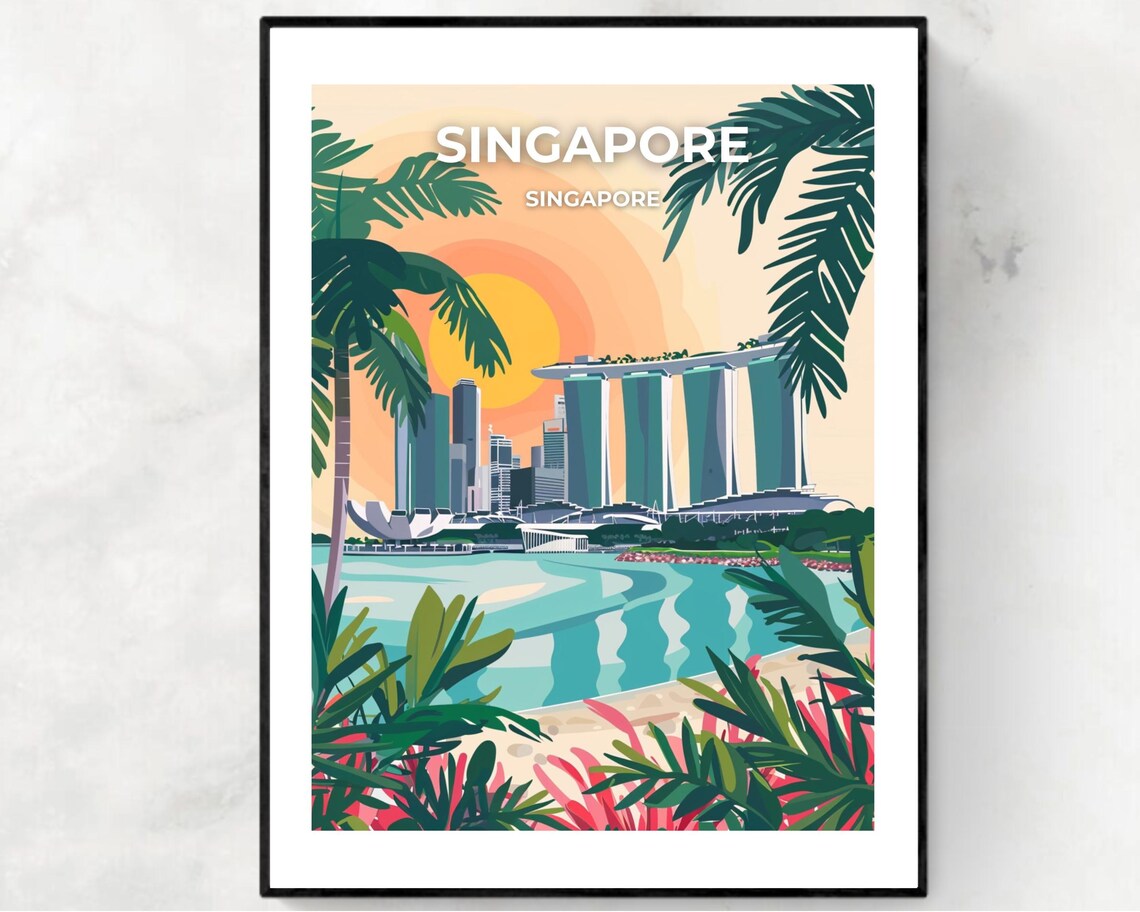 Singapore Marina Bay Sands Sunset Travel Poster with Palm Trees