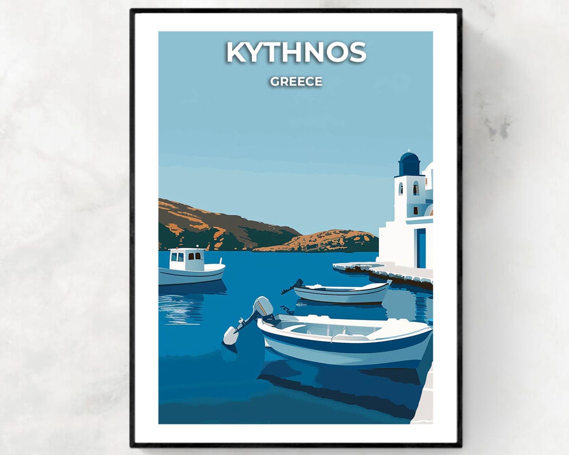 Kythnos Greece Harbor Boats Blue Dome Church Serene Scenic Poster