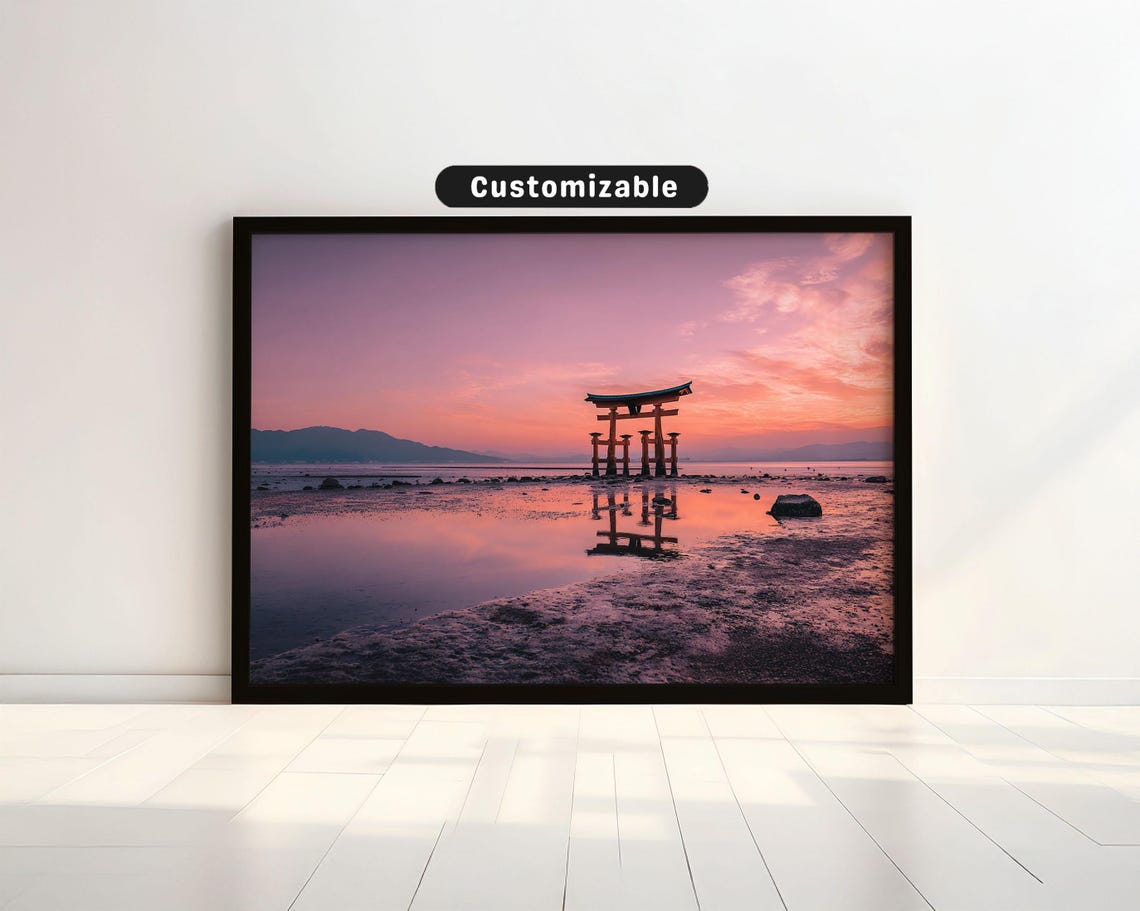 Floating Seaside Torii Gate Low Tide Pastel Sunset Japan Zen Poster